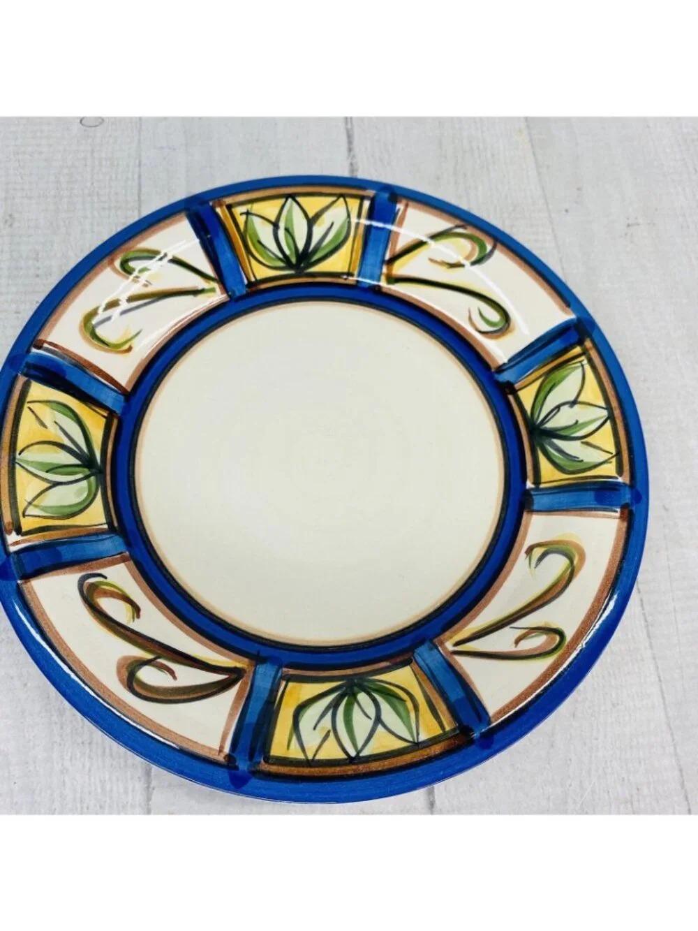 Liddy GREEN PLANTS Hand Painted Blue Trim Ceramic Salad Snack Round Plates Set 6